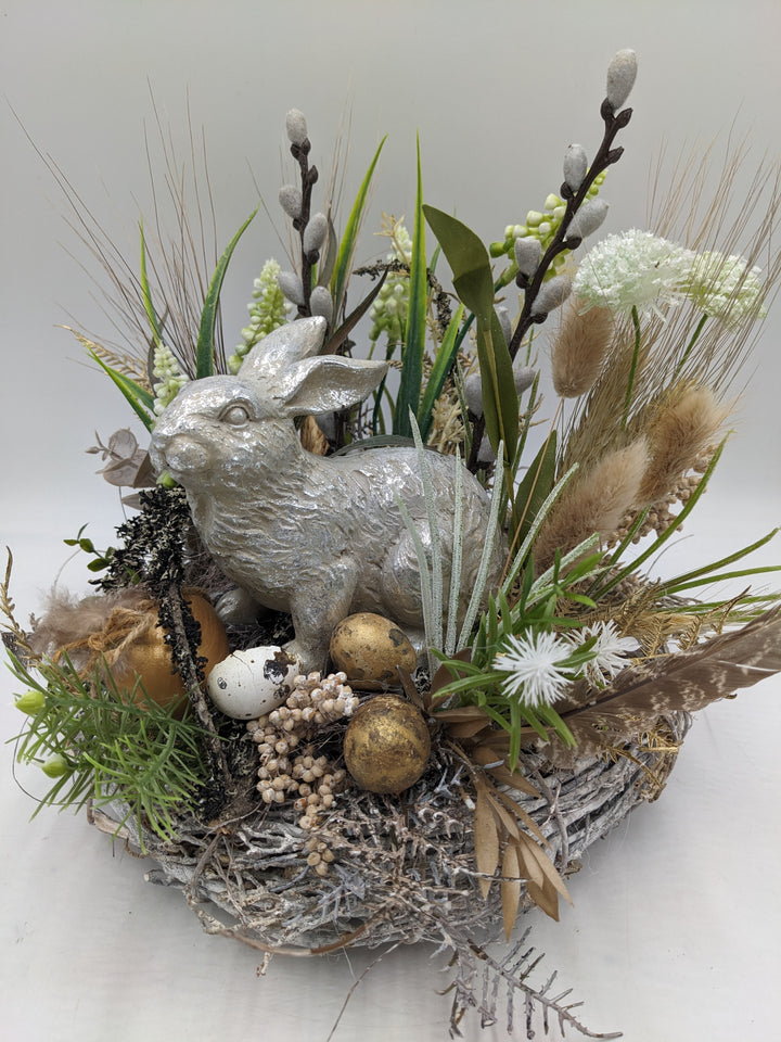 Ostergesteck Frühlingsgesteck Hyazinthen Gräser Hase silber gold