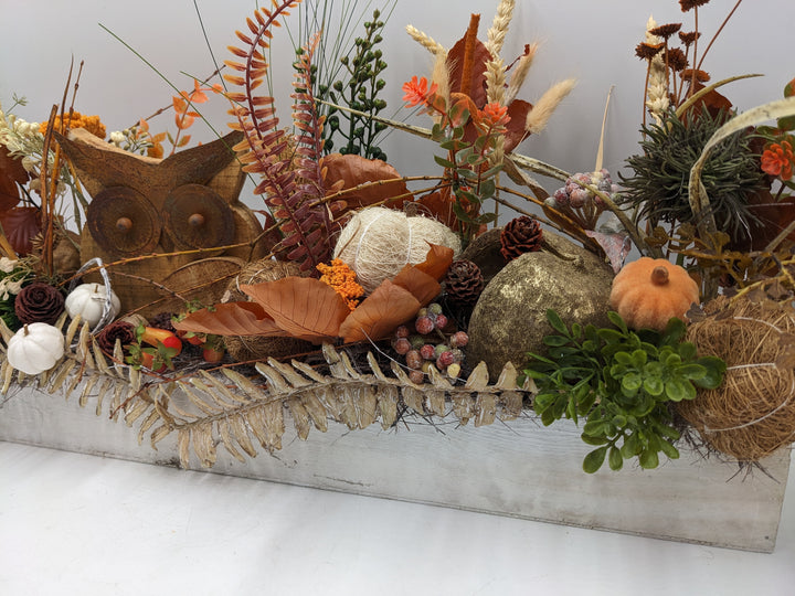 Herbstgesteck Eule Kürbisse Gräser braun