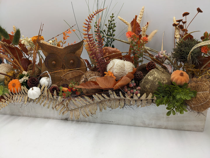 Herbstgesteck Eule Kürbisse Gräser braun