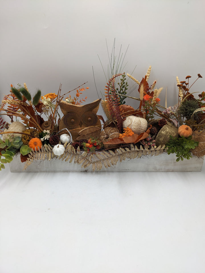 Herbstgesteck Eule Kürbisse Gräser braun