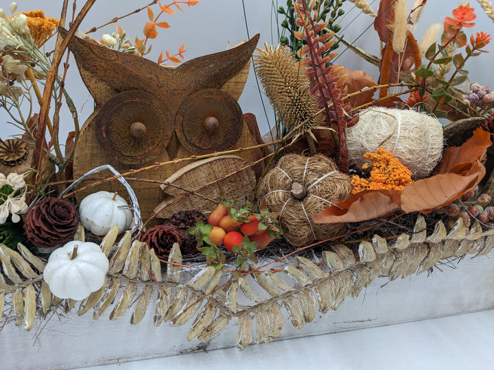 Herbstgesteck Eule Kürbisse Gräser braun