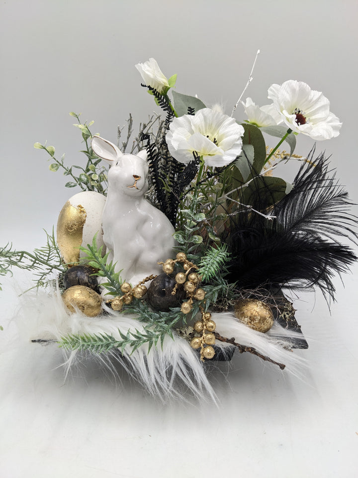 Ostergesteck Frühlingsgesteck Eier schwarz weiss gold