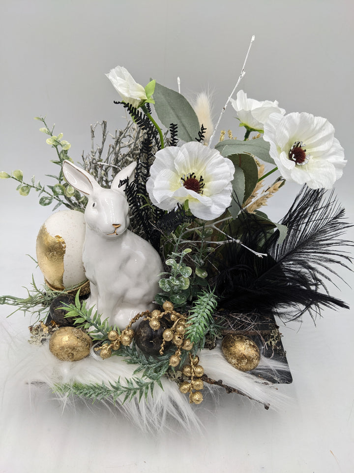 Ostergesteck Frühlingsgesteck Eier schwarz weiss gold