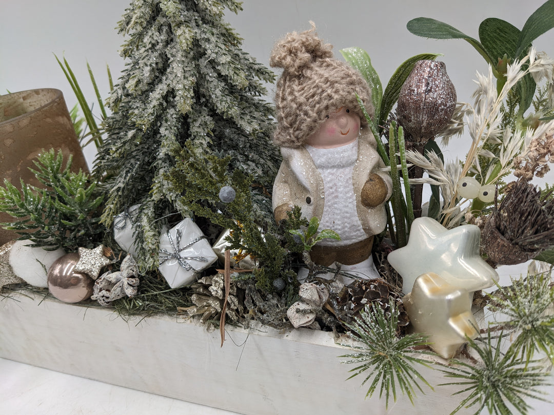 Wintergesteck Teelicht Tanne Geschenke weiss braun