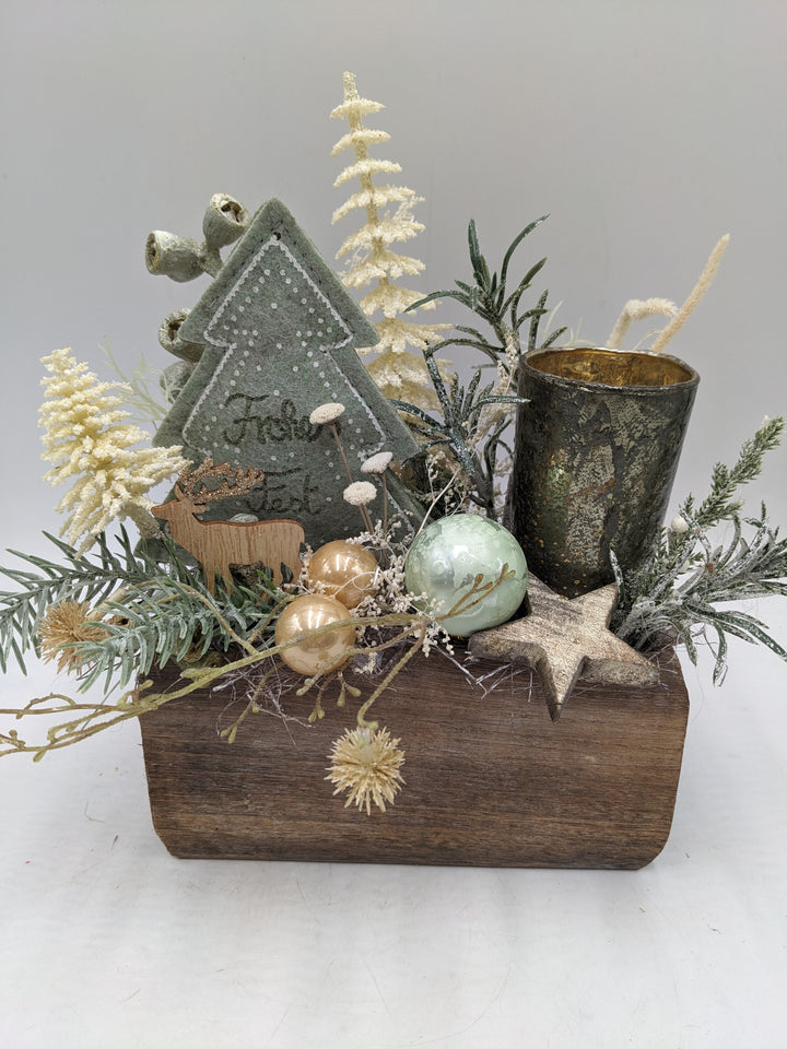 Wintergesteck Weihnachtsgesteck Teelicht Tanne Stern mint