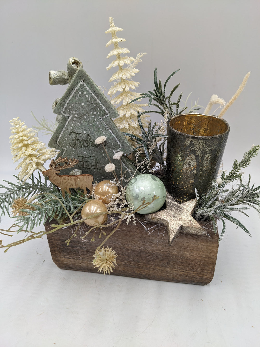 Wintergesteck Weihnachtsgesteck Teelicht Tanne Stern mint
