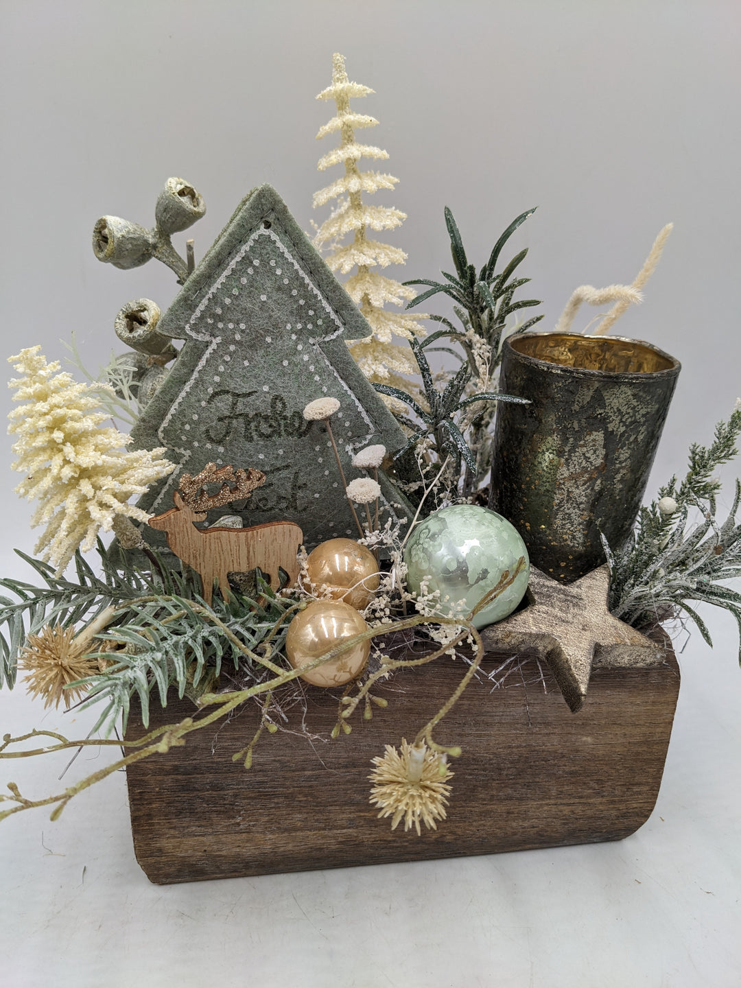 Wintergesteck Weihnachtsgesteck Teelicht Tanne Stern mint