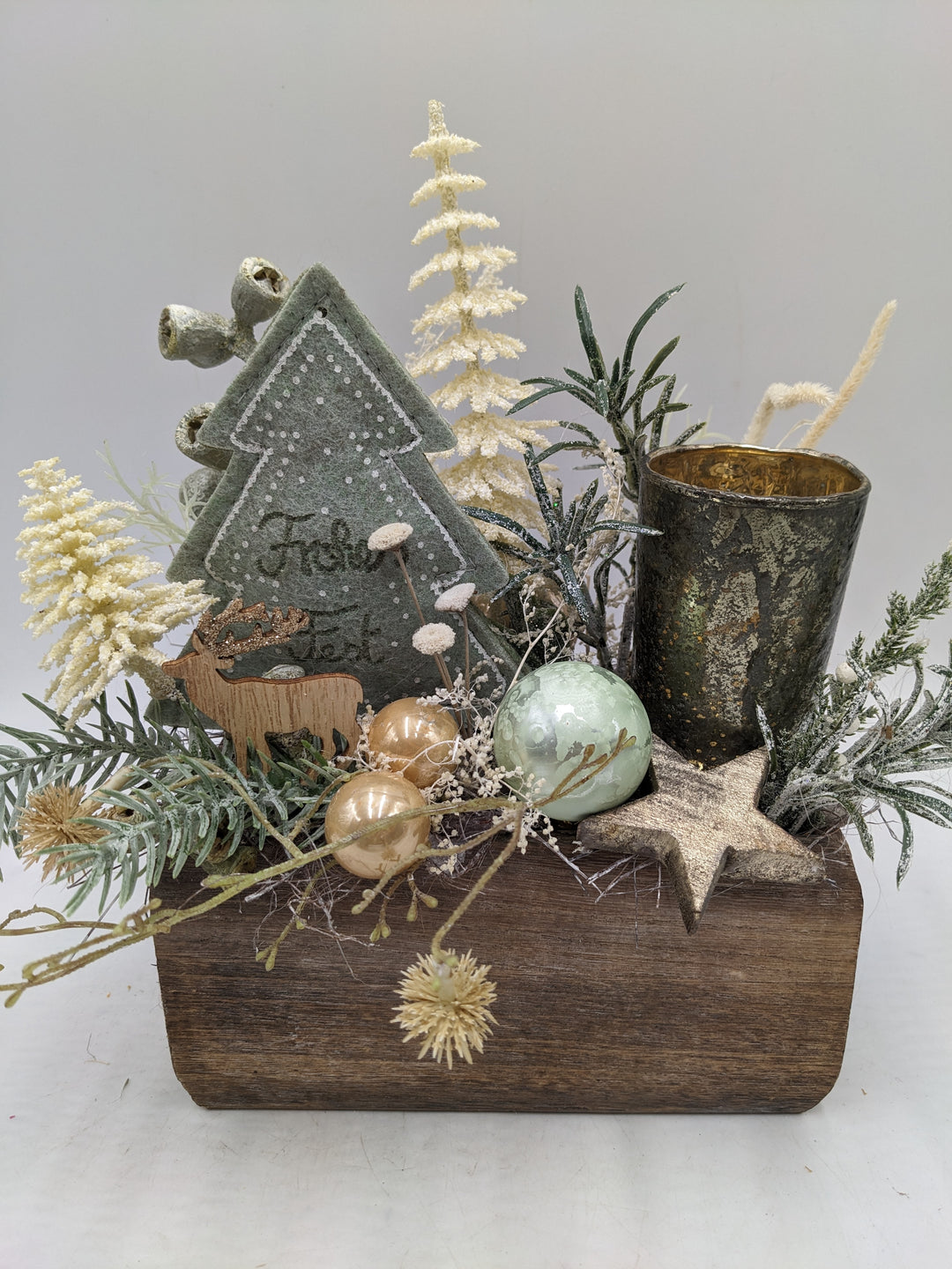 Wintergesteck Weihnachtsgesteck Teelicht Tanne Stern mint