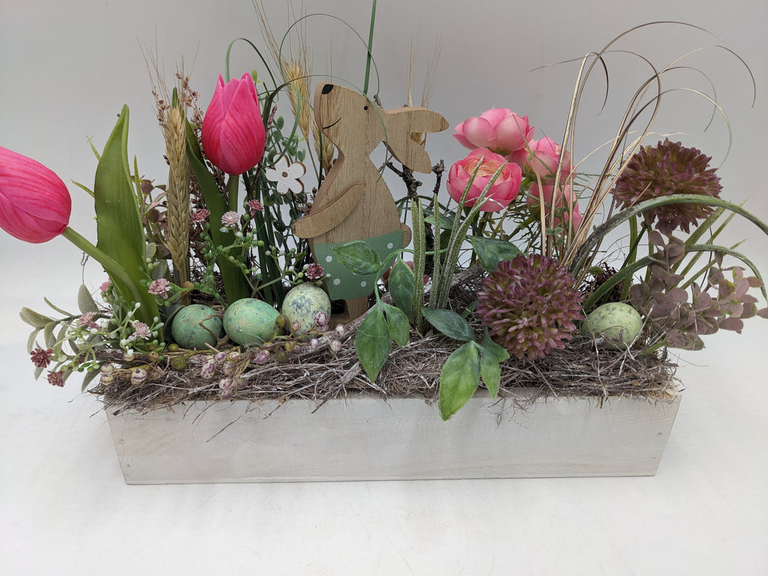 Ostergesteck Frühlingsgesteck Tulpen Gräser rosa mint
