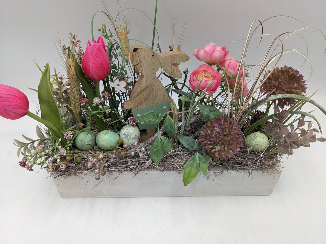 Ostergesteck Frühlingsgesteck Tulpen Gräser rosa mint