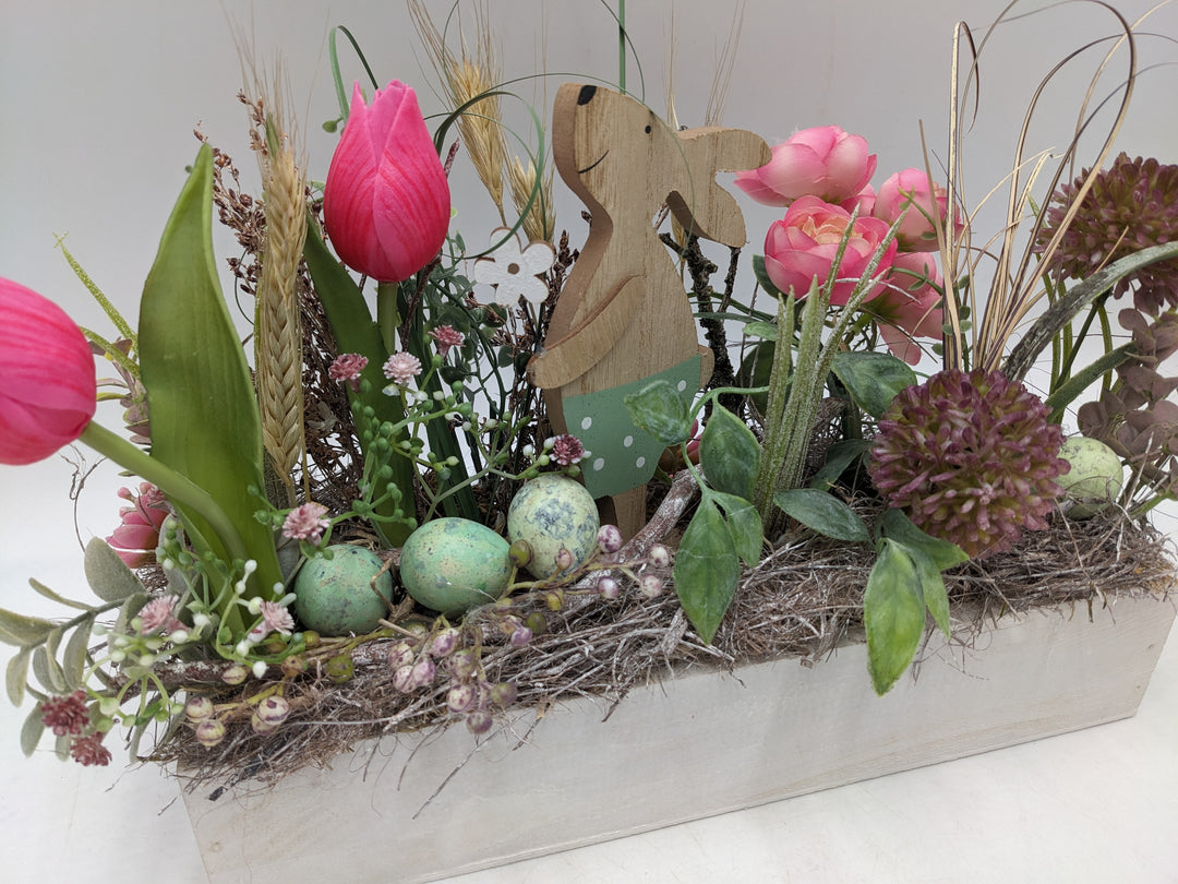 Ostergesteck Frühlingsgesteck Tulpen Gräser rosa mint
