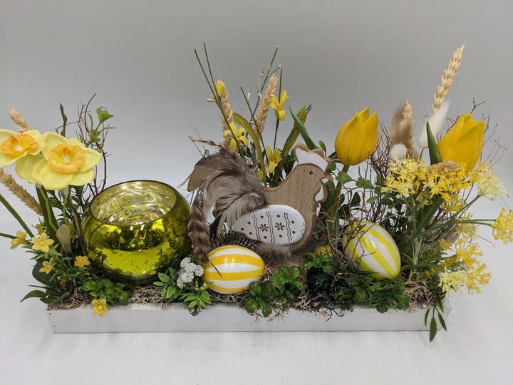 Ostergesteck Frühlingsgesteck Teelicht Huhn Tulpen gelb