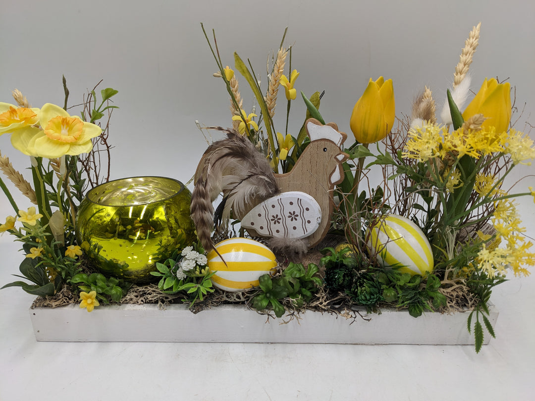 Ostergesteck Frühlingsgesteck Teelicht Huhn Tulpen gelb