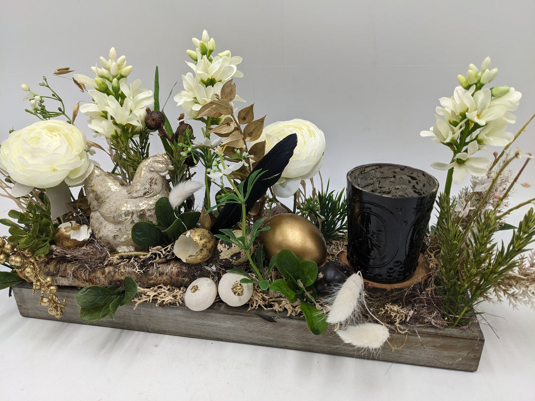 Ostergesteck Frühlingsgesteck Hahn Teelicht weiss gold