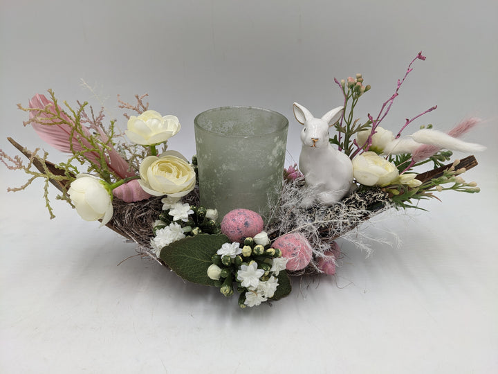 Ostergesteck Frühlingsgesteck Teelicht Hase rosa weiss