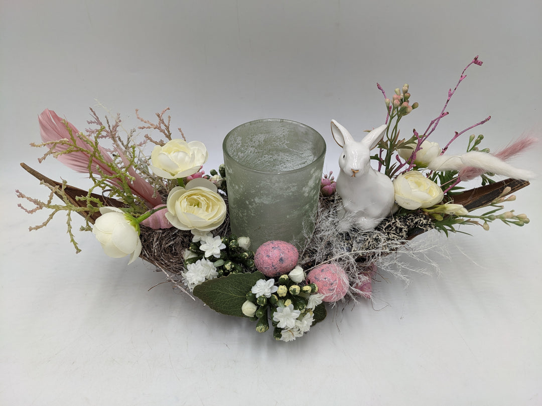 Ostergesteck Frühlingsgesteck Teelicht Hase rosa weiss