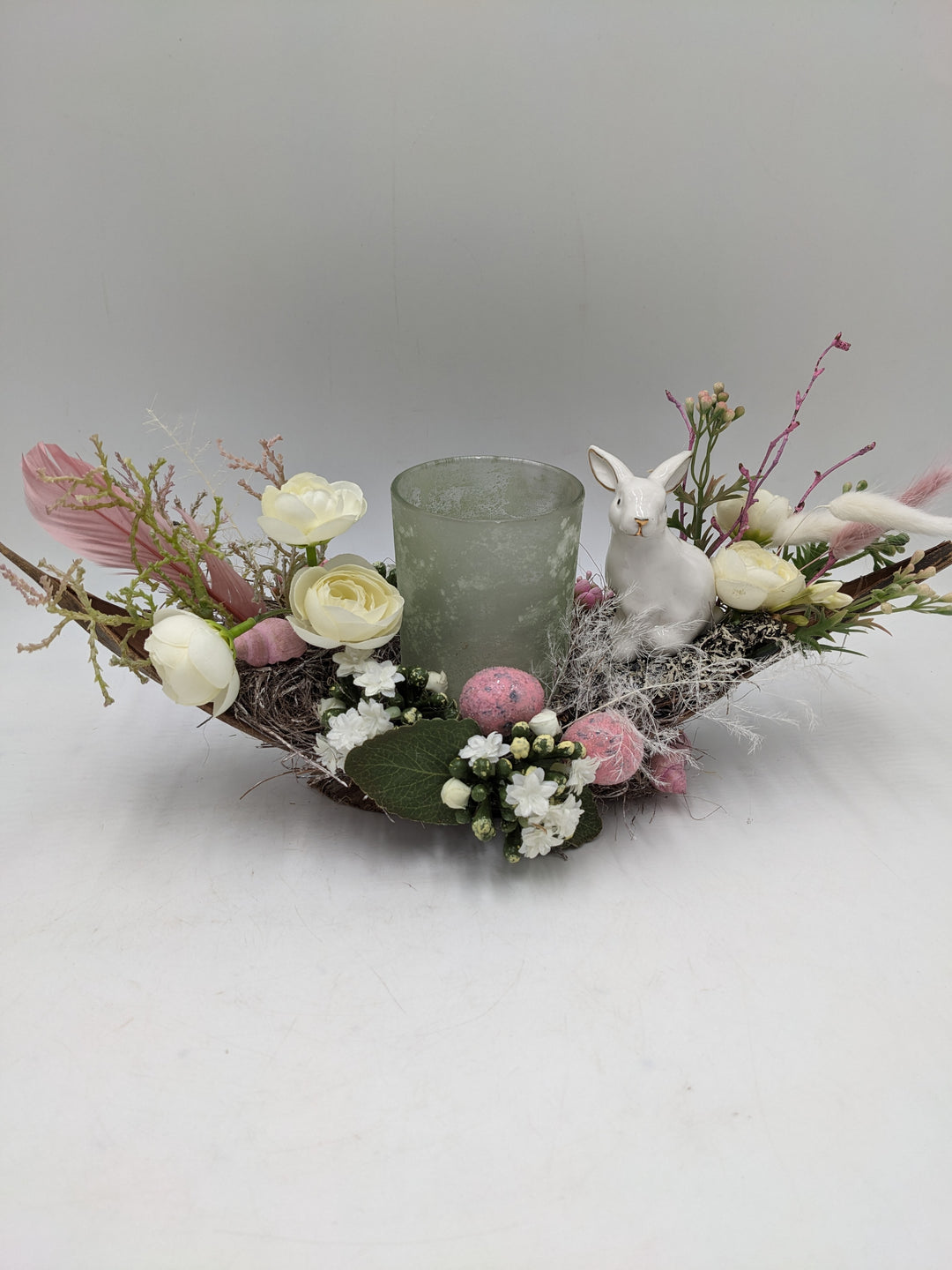 Ostergesteck Frühlingsgesteck Teelicht Hase rosa weiss