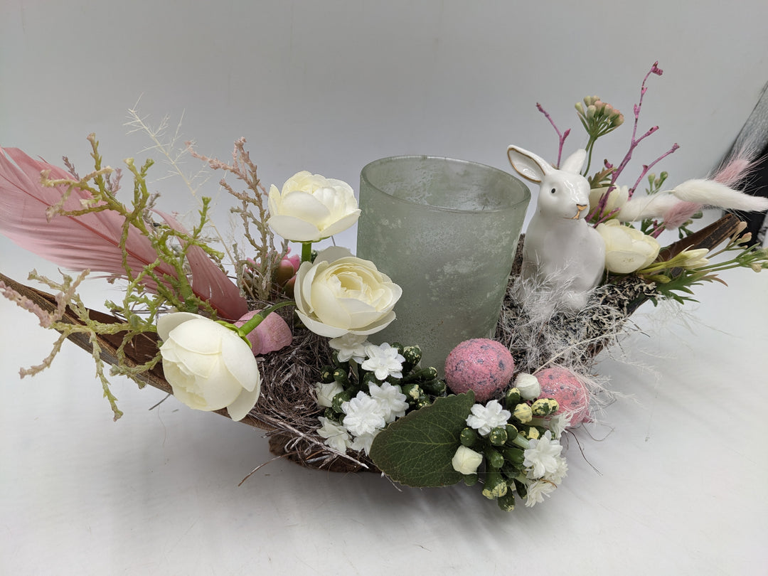 Ostergesteck Frühlingsgesteck Teelicht Hase rosa weiss
