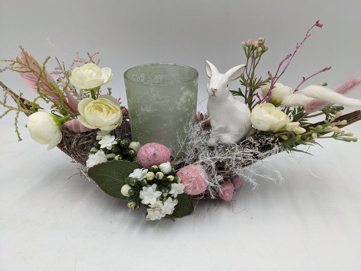 Ostergesteck Frühlingsgesteck Teelicht Hase rosa weiss