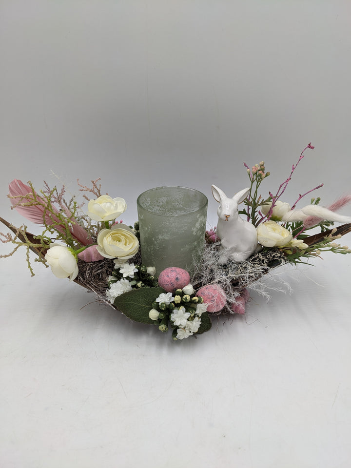 Ostergesteck Frühlingsgesteck Teelicht Hase rosa weiss