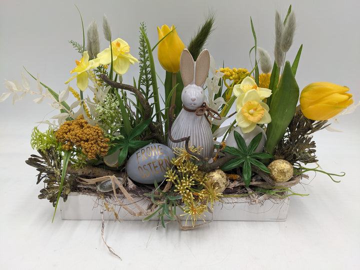 Ostergesteck Frühlingsgesteck Tulpen Narzissen gelb