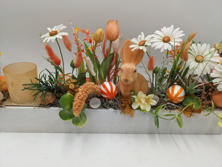Ostergesteck Frühlingsgesteck Teelicht Hase orange