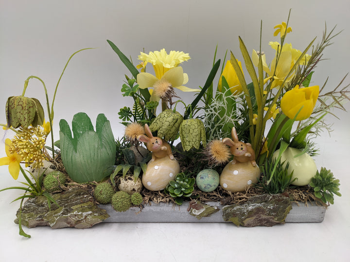 Ostergesteck Frühlingsgesteck Teelicht Tulpen gelb