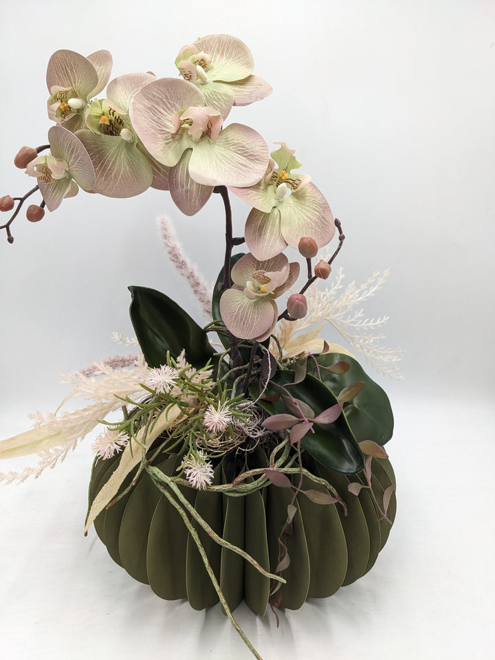 Orchideengesteck Frühling Gräser grün rosa