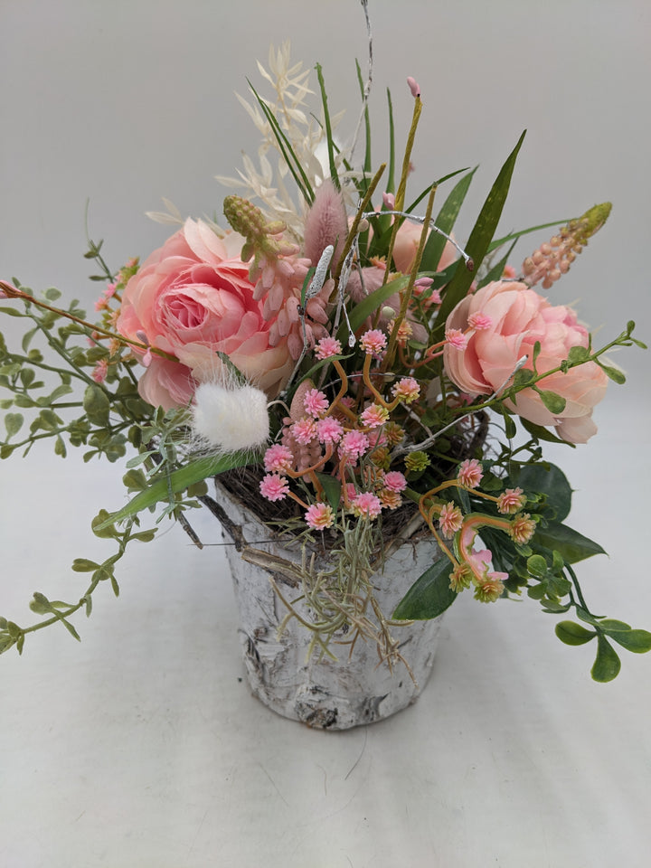 Frühlingsgesteck Muscari Gräser creme rosa