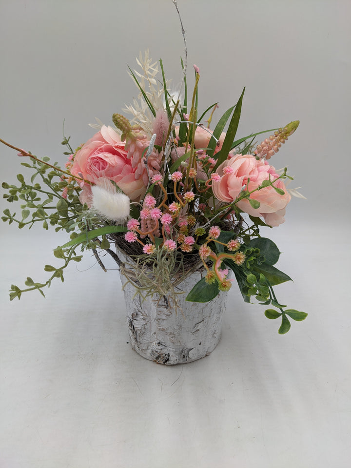 Frühlingsgesteck Muscari Gräser creme rosa