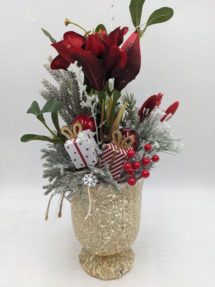 Weihnachtsgesteck Amaryllis Mistel rot