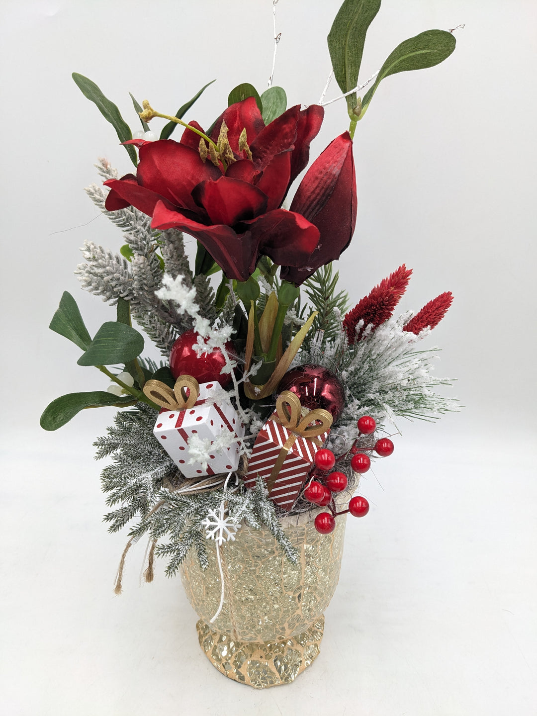 Weihnachtsgesteck Amaryllis Mistel rot