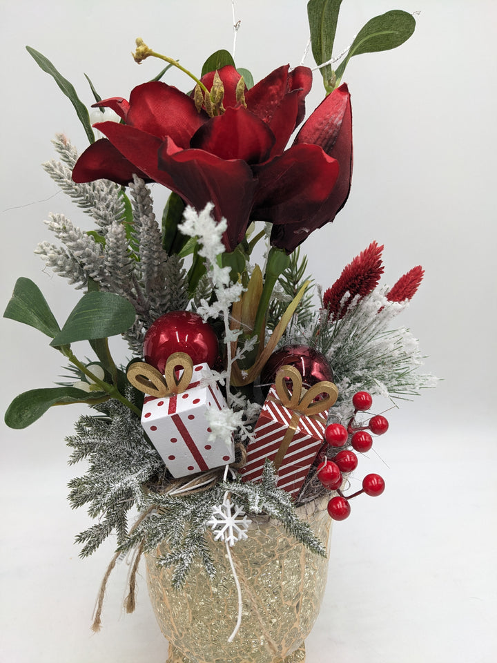 Weihnachtsgesteck Amaryllis Mistel rot