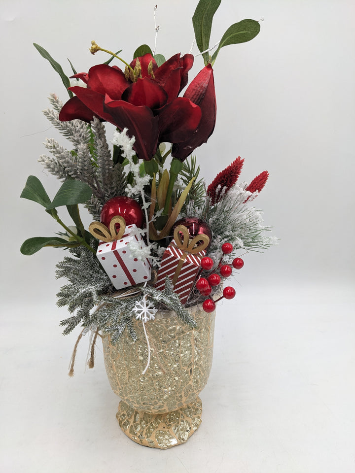 Weihnachtsgesteck Amaryllis Mistel rot