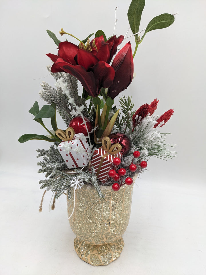 Weihnachtsgesteck Amaryllis Mistel rot