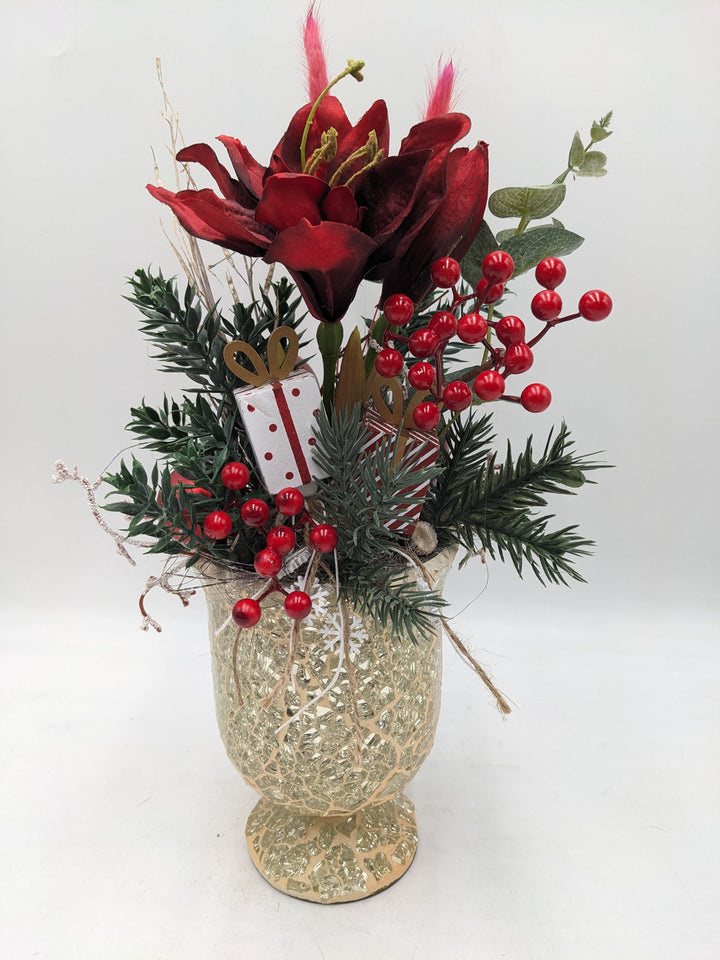 Weihnachtsgesteck Amaryllis Mistel rot