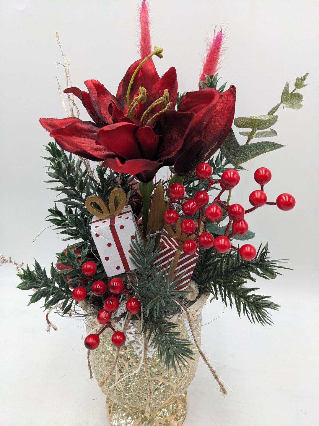 Weihnachtsgesteck Amaryllis Mistel rot