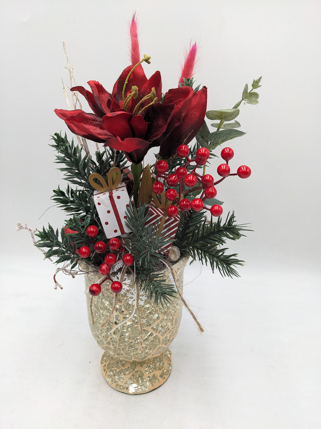 Weihnachtsgesteck Amaryllis Mistel rot