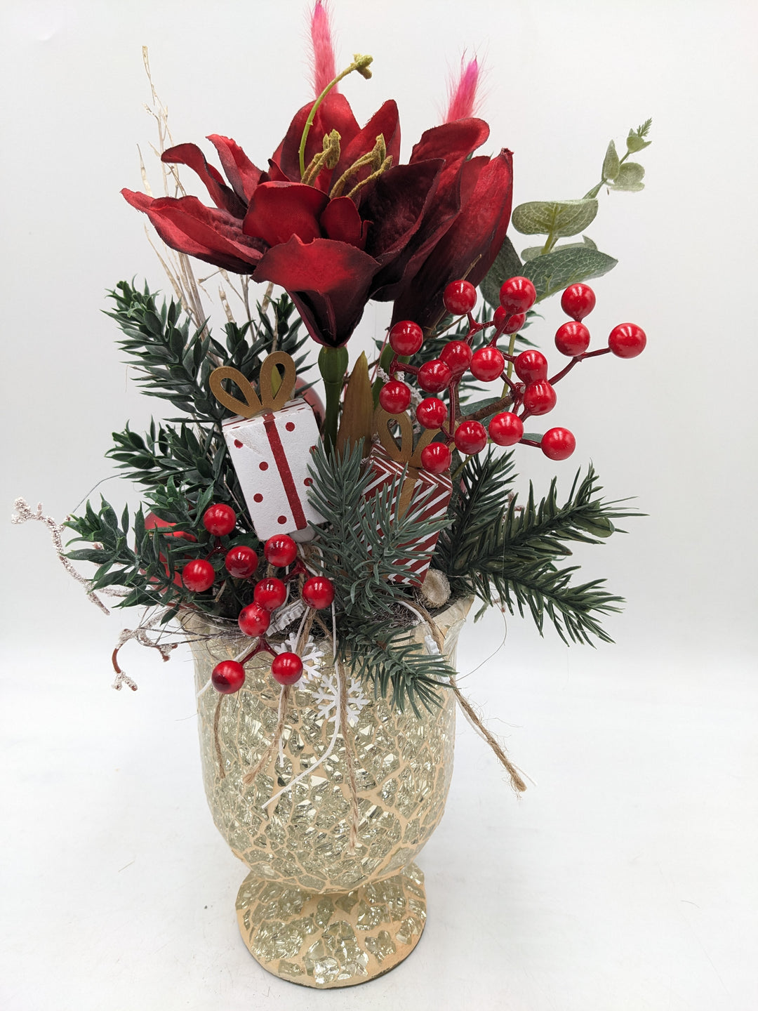 Weihnachtsgesteck Amaryllis Mistel rot