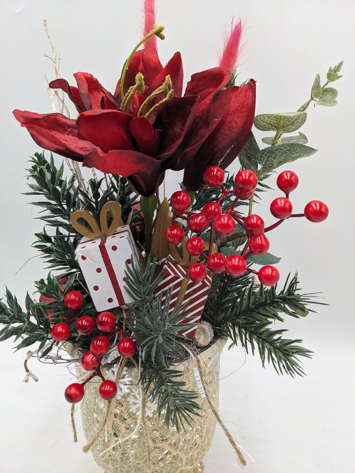 Weihnachtsgesteck Amaryllis Mistel rot