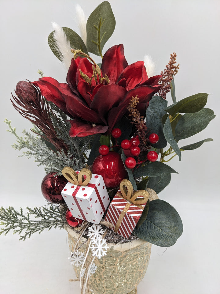 Weihnachtsgesteck Amaryllis Eukalyptus rot