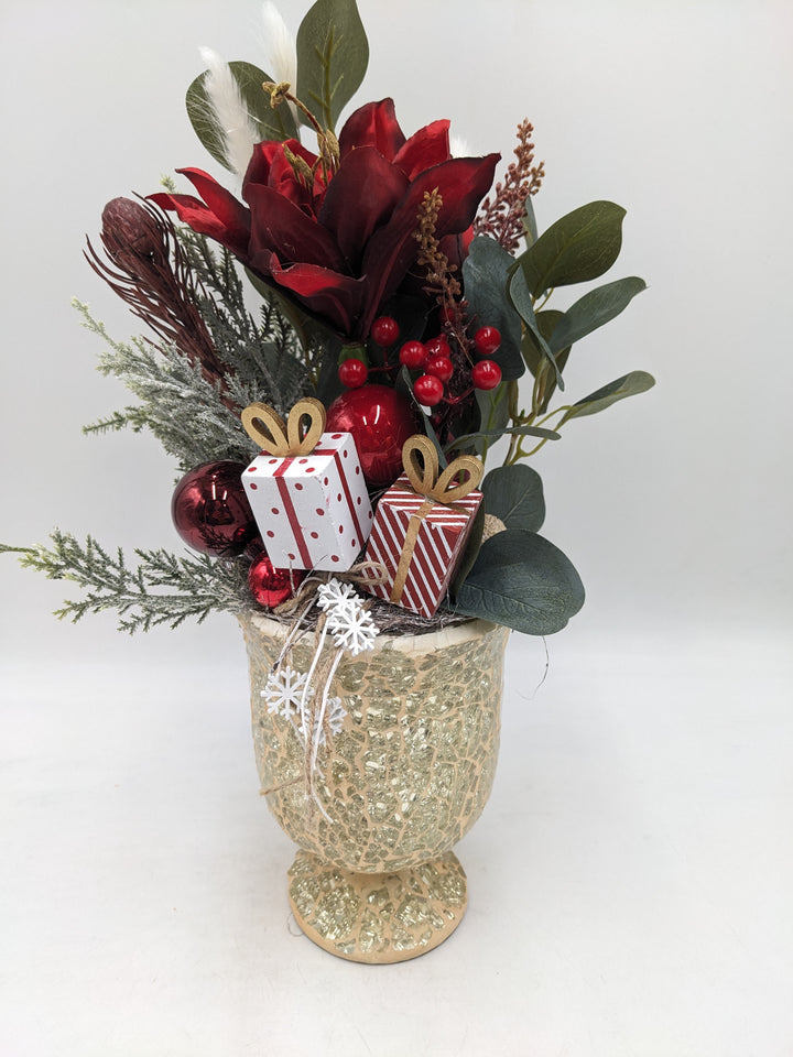 Weihnachtsgesteck Amaryllis Eukalyptus rot