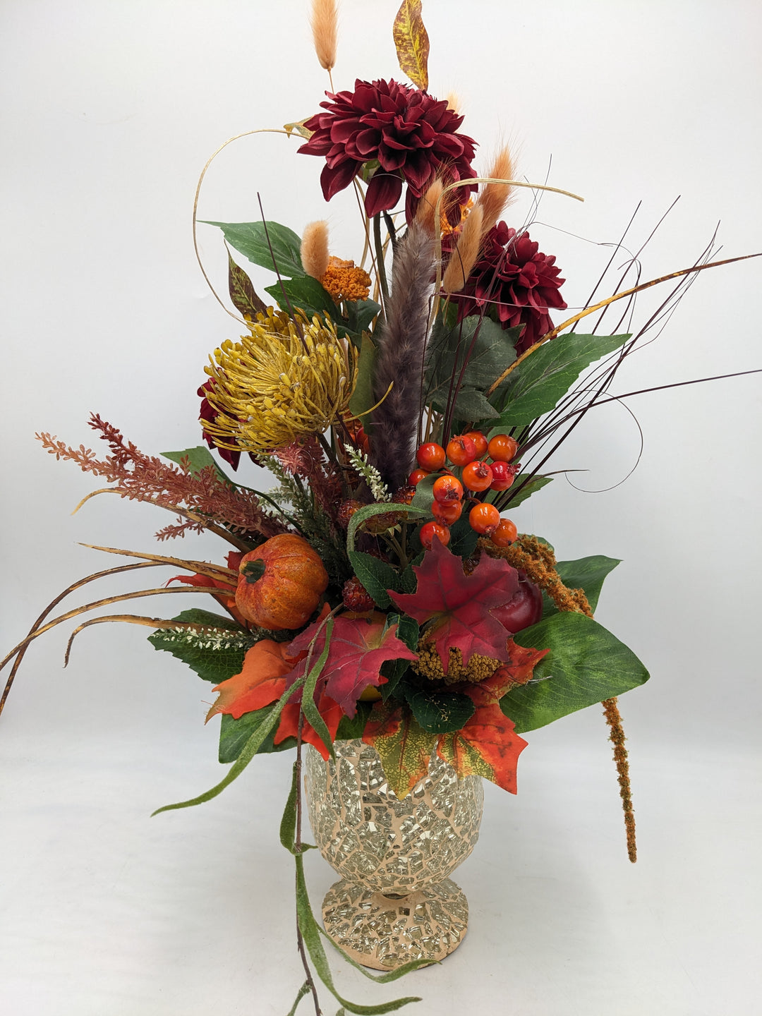Herbstgesteck Kürbis orange dunkelrot