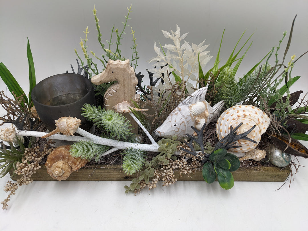 Sommergesteck Fisch Teelicht Seepferdchen maritim