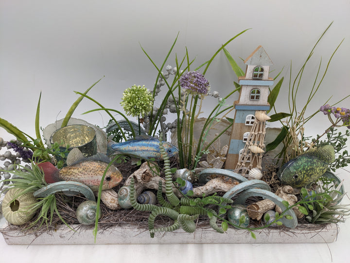 Sommergesteck Fische Leuchtturm Teelicht maritim