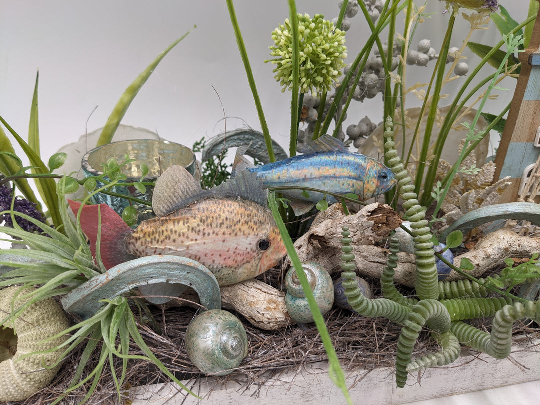 Sommergesteck Fische Leuchtturm Teelicht maritim