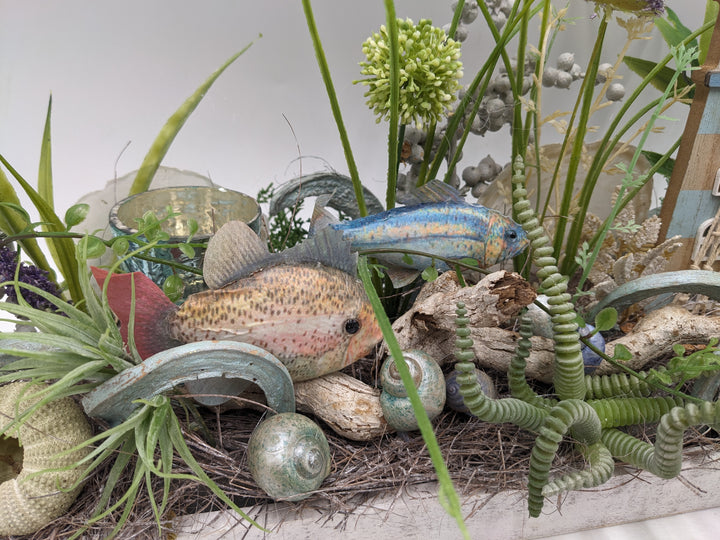 Sommergesteck Fische Leuchtturm Teelicht maritim
