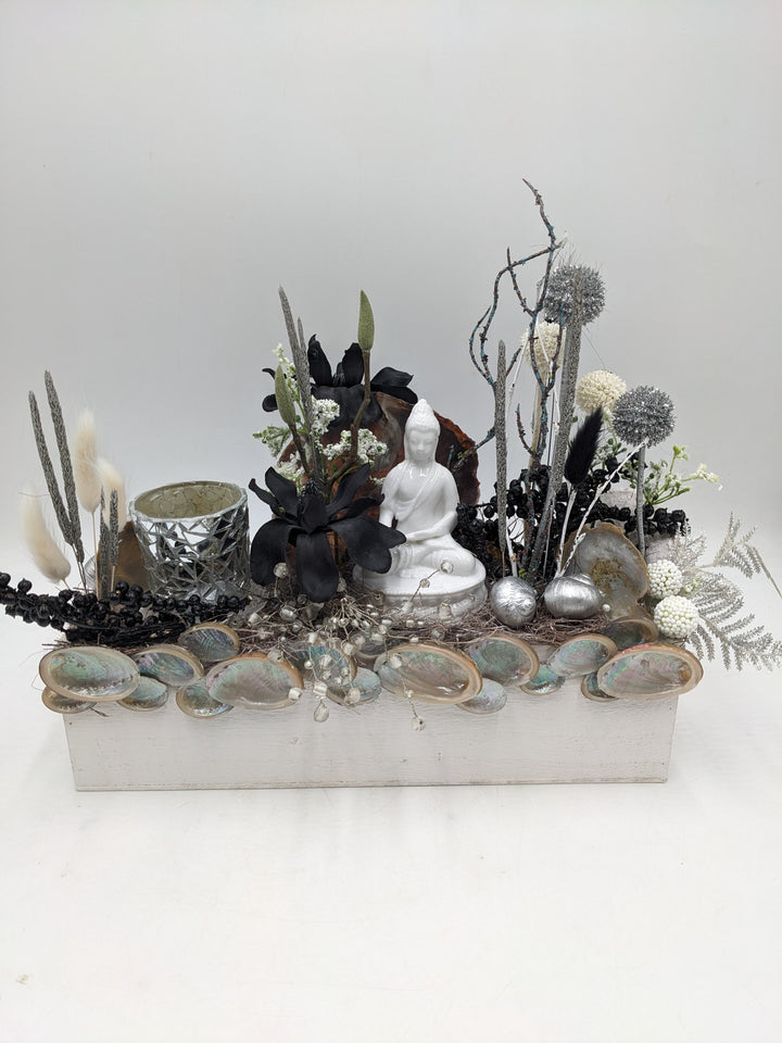Sommergesteck Teelicht Buddha silber