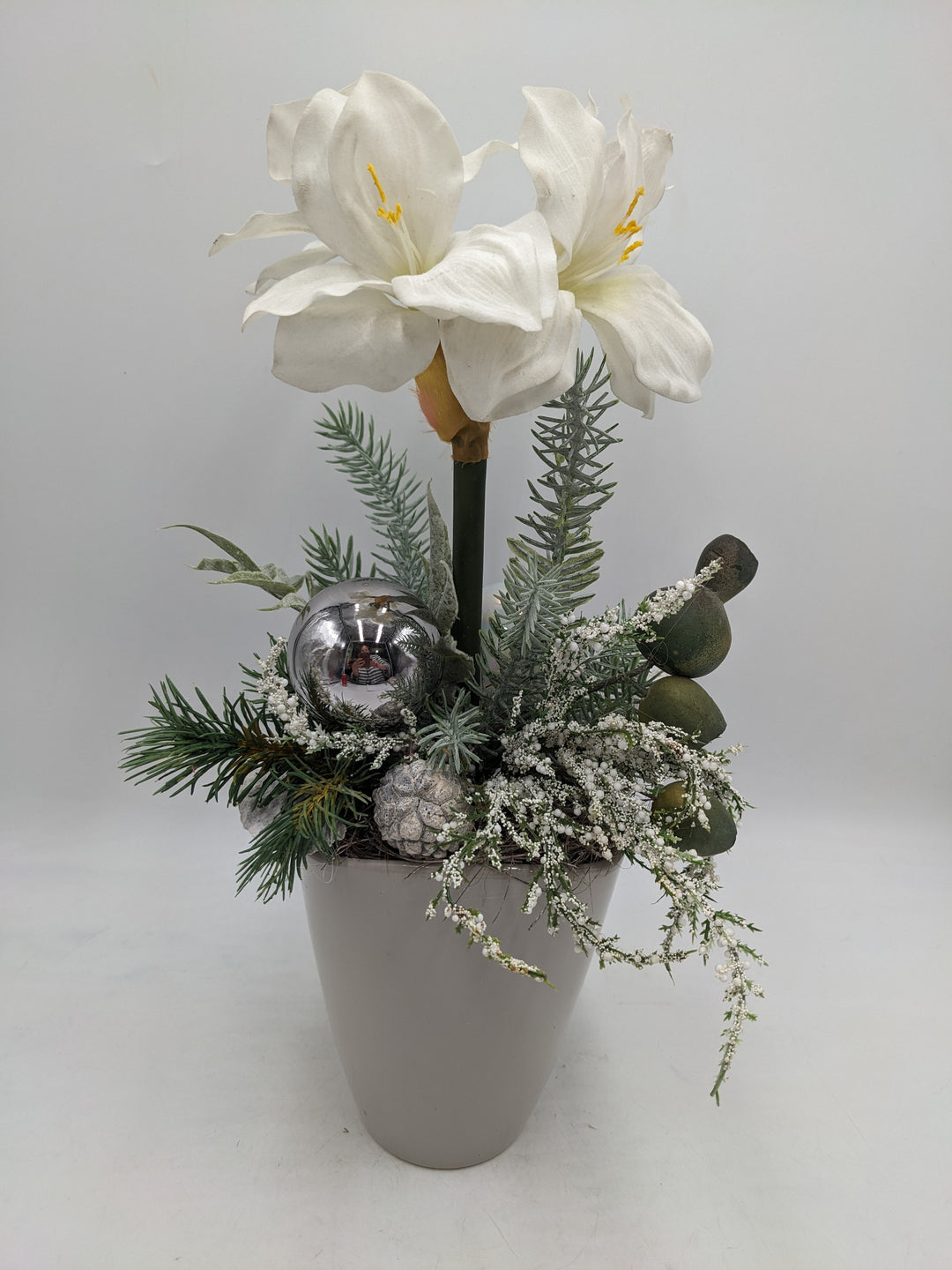 Wintergesteck Orchidee Tanne silber weiss