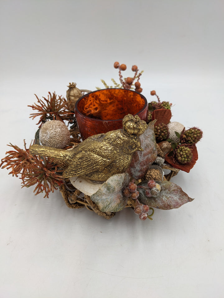 Herbstgesteck Vogel Teelicht Beeren gold